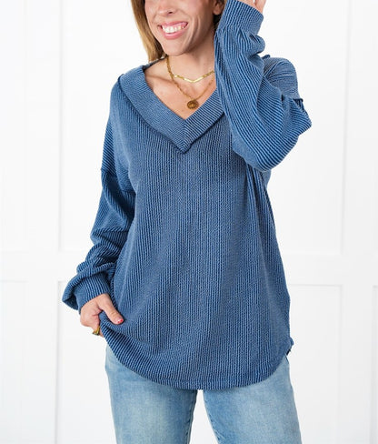 Women's Ribbed Long Sleeve V-Neck Pullover Tops