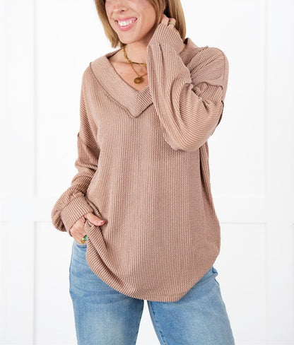 Women's Ribbed Long Sleeve V-Neck Pullover Tops