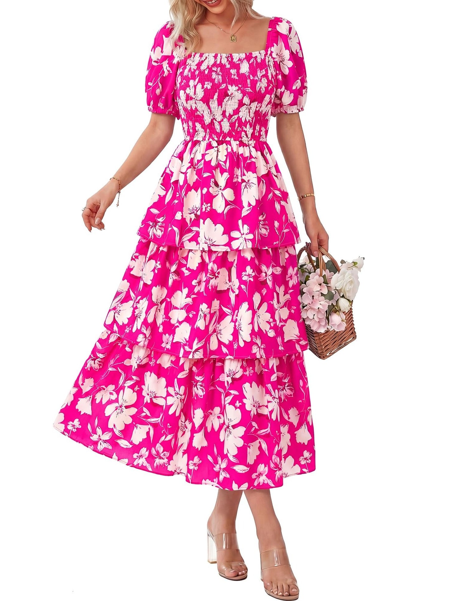 Women's Vacation Style Floral Print Square Neck Dress