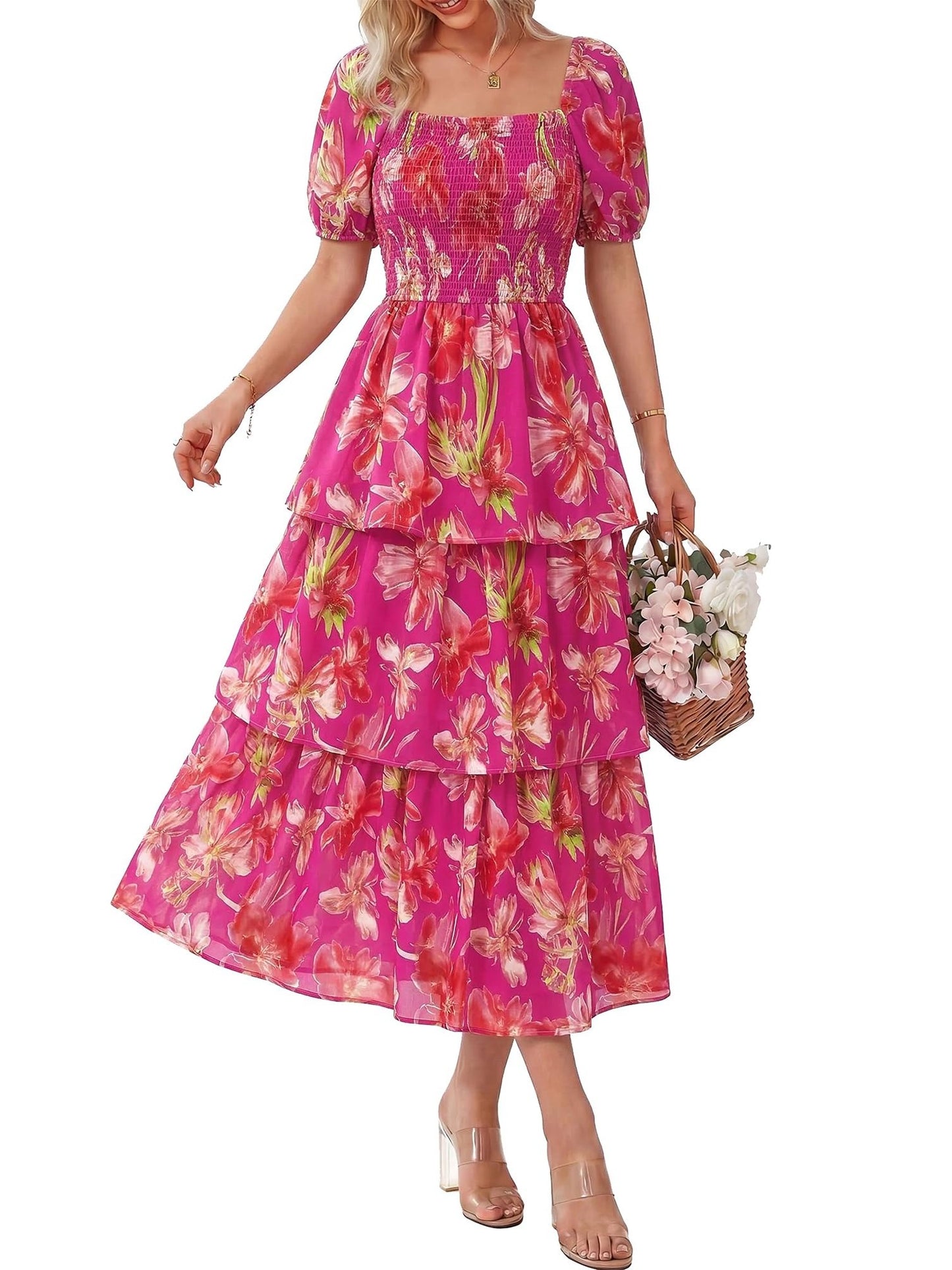 Women's Vacation Style Floral Print Square Neck Dress