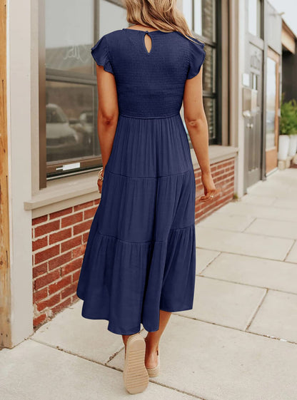 Women's Summer Casual Flutter Short Sleeve Smocked  Midi Dress