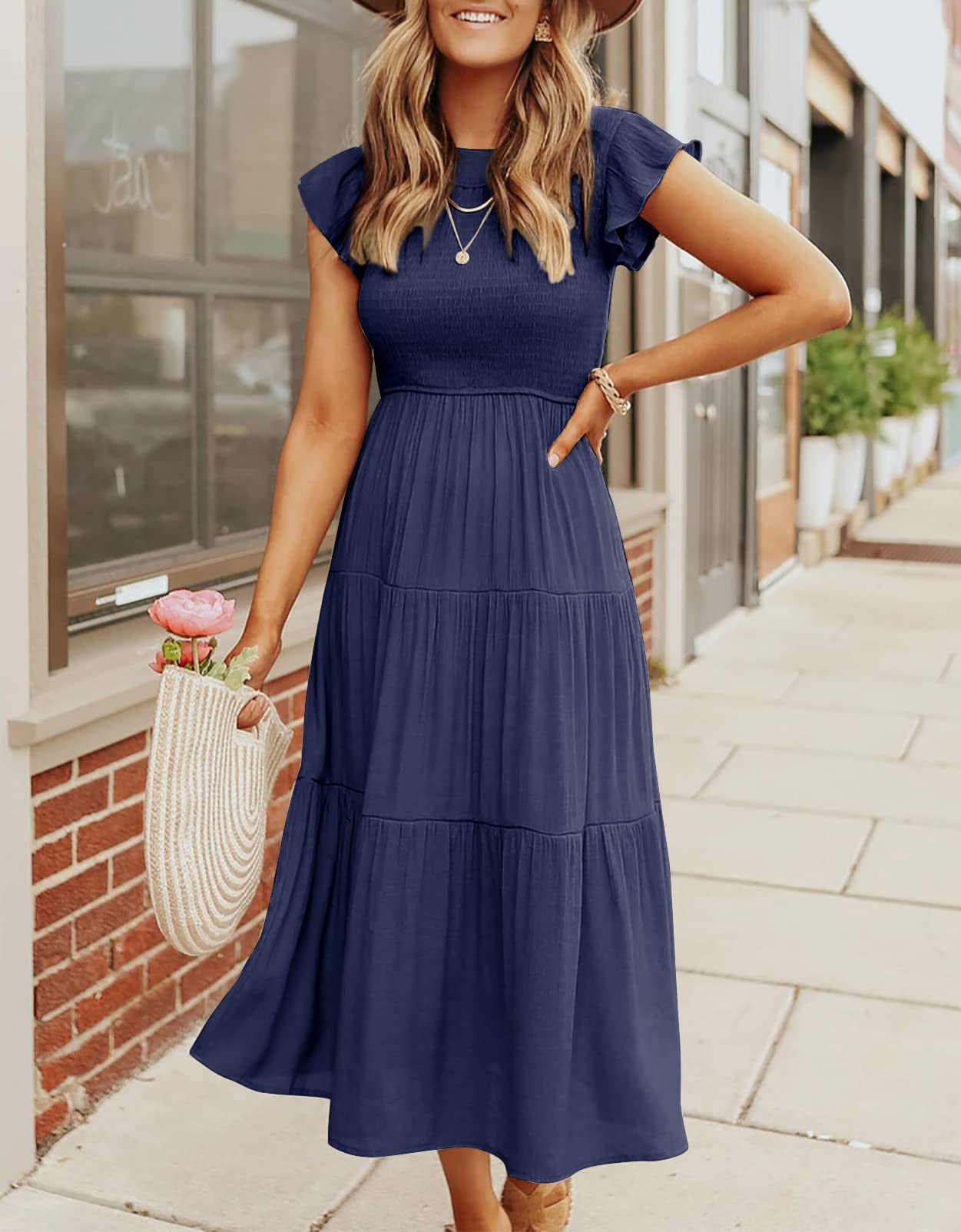 Women's Summer Casual Flutter Short Sleeve Smocked  Midi Dress