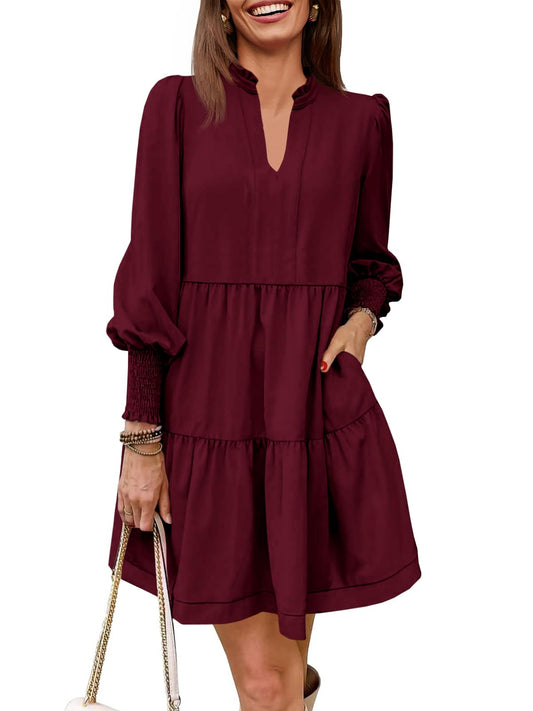 Women's V-Neck Long Sleeve Ruffle Tiered Dress