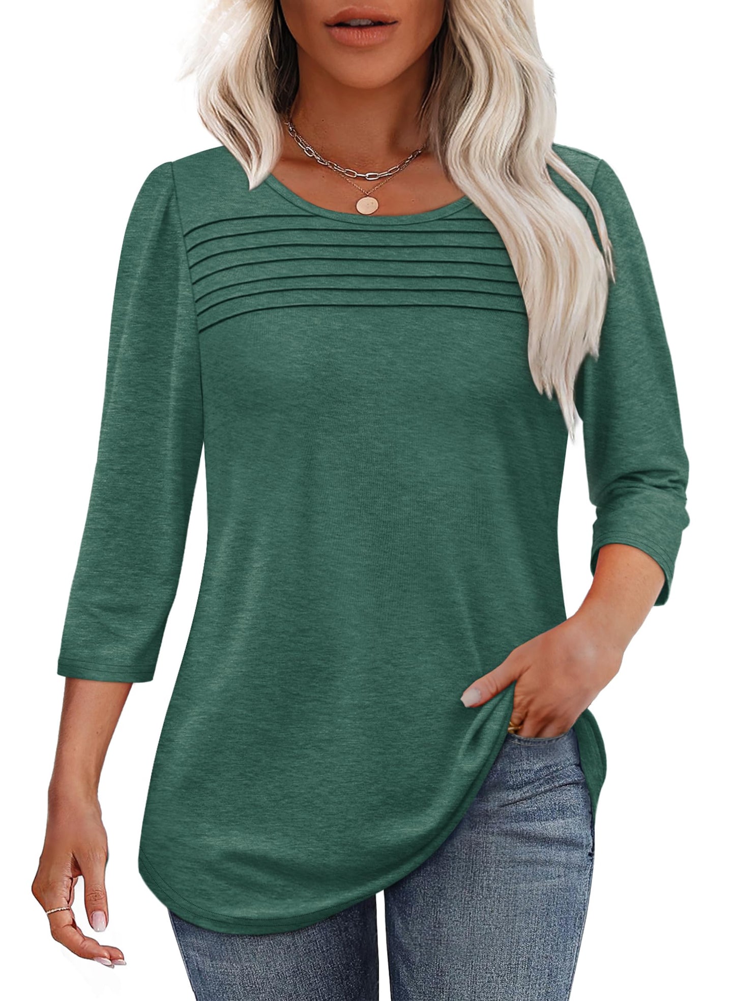 Women's 3/4 Length Sleeve Top Pleated Front T-Shirt