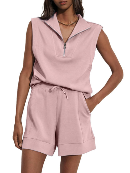 Women's Summer Half Zip Sleeveless Two-Piece Shorts Set