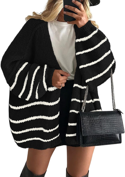 Women's Oversized Balloon Sleeve Striped Cardigan