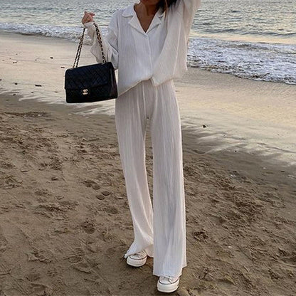 Causal Set Loose Button-Down Shirt and Pleated Wide Leg Pants