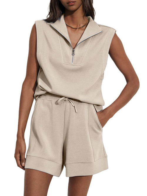 Women's Summer Half Zip Sleeveless Two-Piece Shorts Set