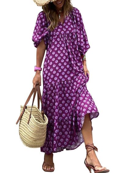 Women's Puff Sleeve Smocked Ruffle Boho Maxi Dress