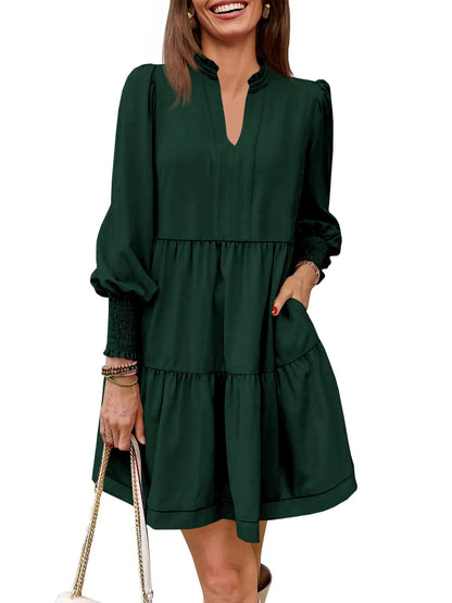 Women's V-Neck Long Sleeve Ruffle Tiered Dress
