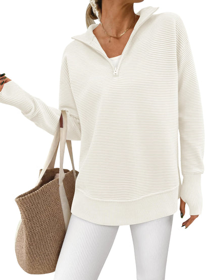 Women's Half Zip Oversized Ribbed Knit Pullover Sweater (Buy  2 Free Shipping )