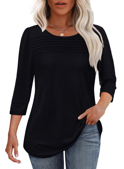 Women's 3/4 Length Sleeve Top Pleated Front T-Shirt