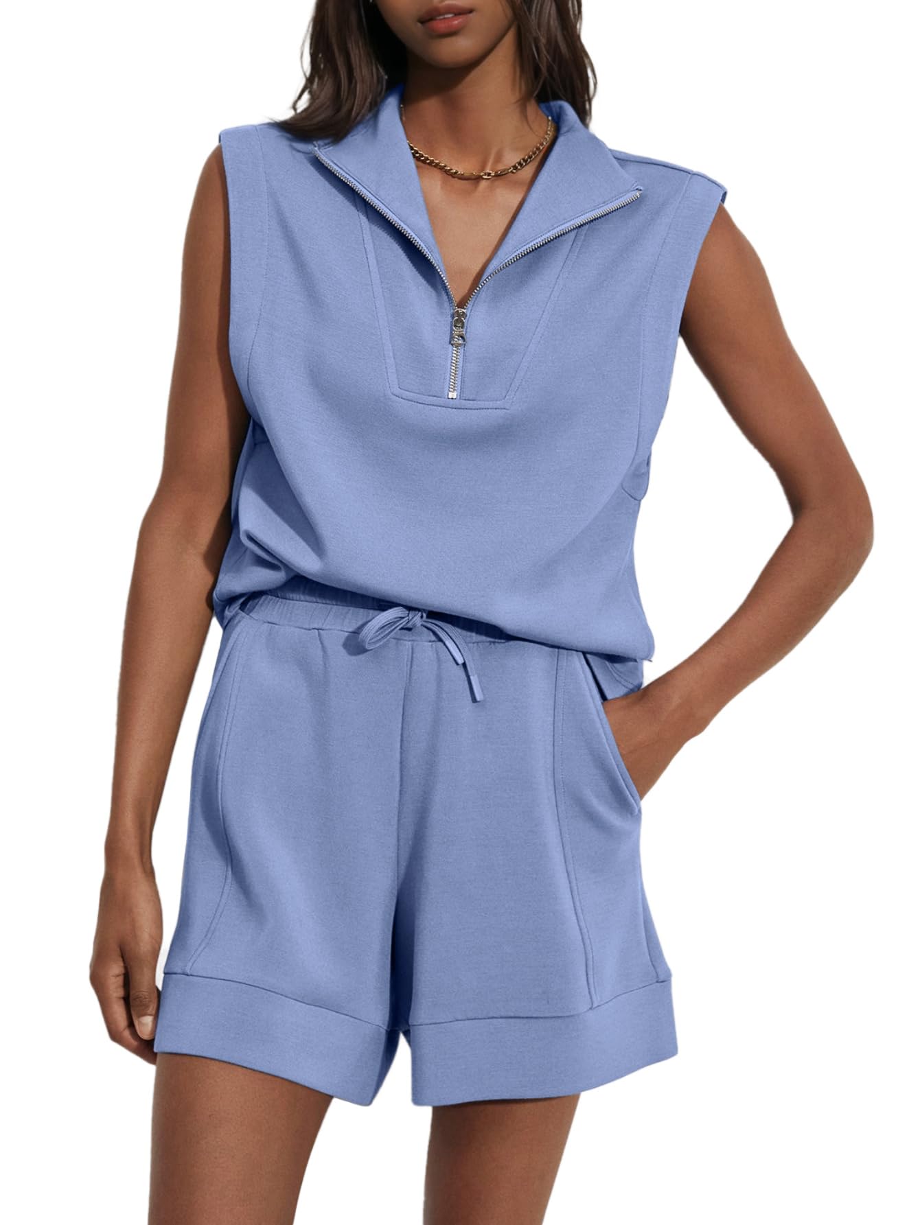 Women's Summer Half Zip Sleeveless Two-Piece Shorts Set