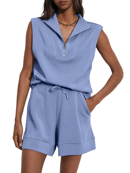 Women's Summer Half Zip Sleeveless Two-Piece Shorts Set