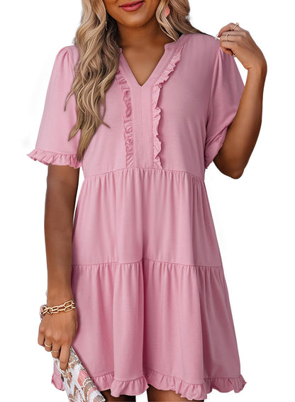 Women's V Neck Short Sleeve Casual A Line Flowy Swing Dress