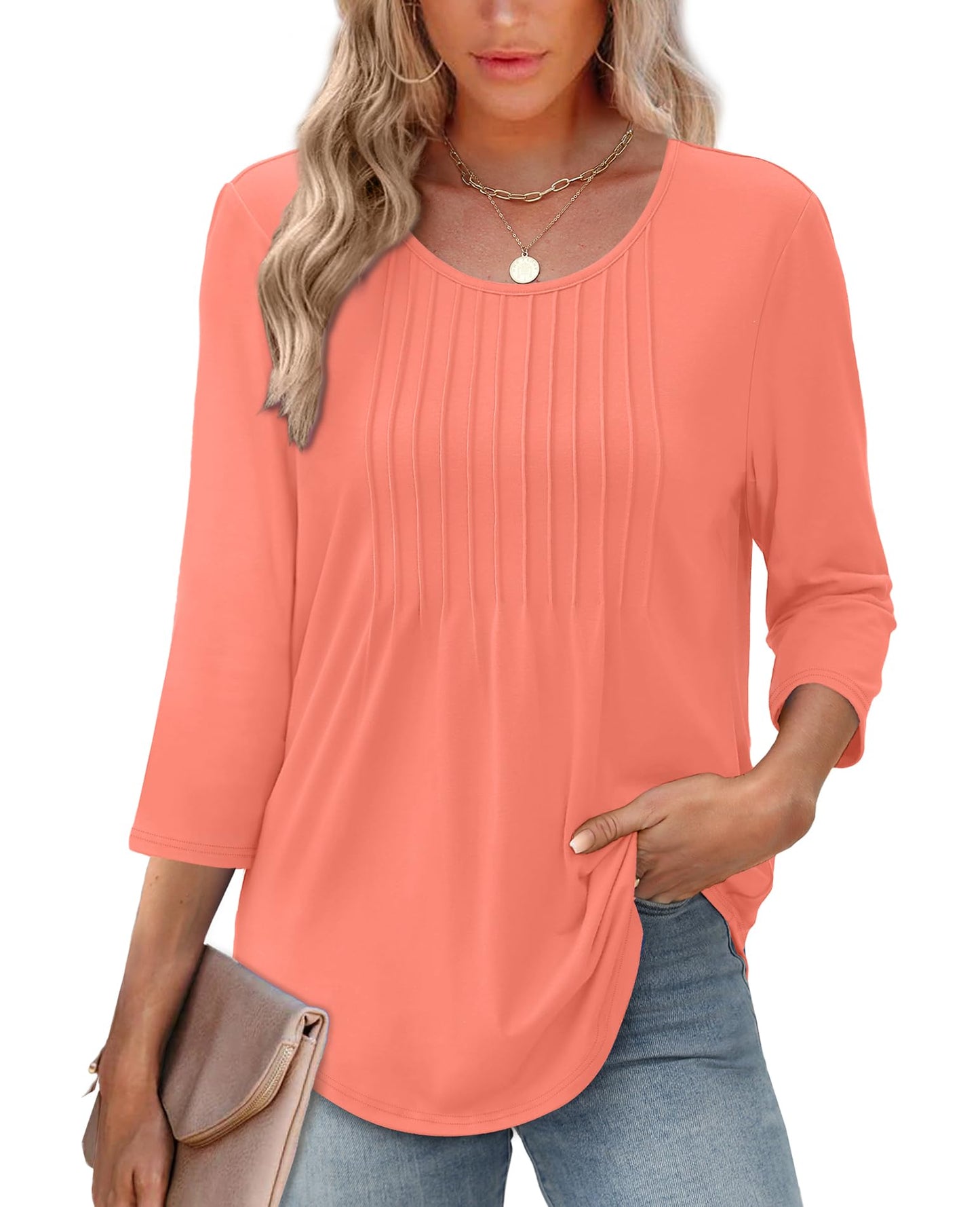 Women's 3/4 Length Sleeve Crewneck Casual Pleated Tunic Tops