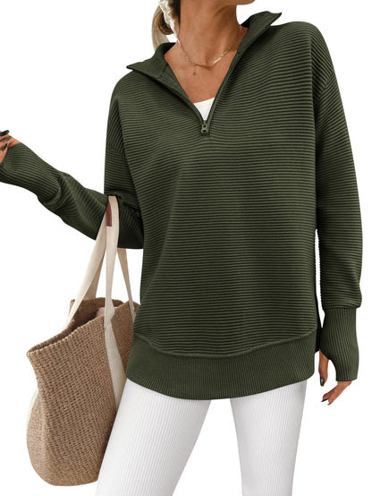 Women's Half Zip Oversized Ribbed Knit Pullover Sweater (Buy  2 Free Shipping )