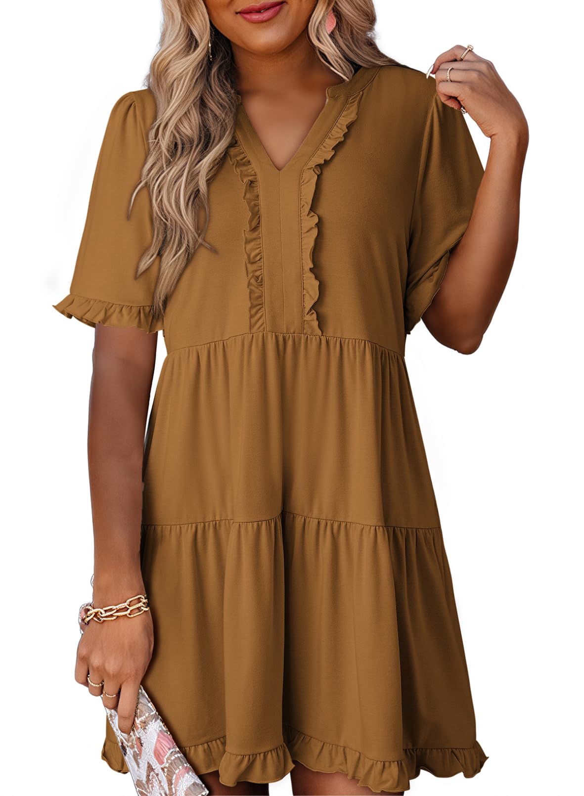 Women's V Neck Short Sleeve Casual A Line Flowy Swing Dress