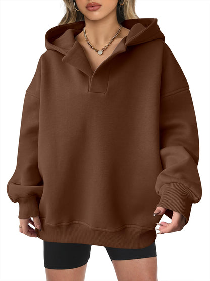Women's Oversized V-Neck Hooded Pullover