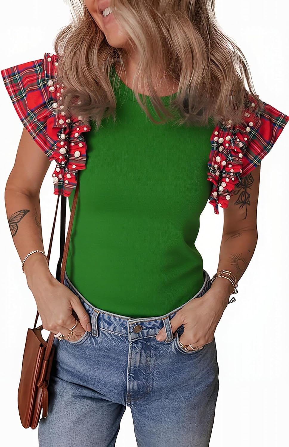 Women's  Plaid Ruffle Short Sleeve Pearl Tops