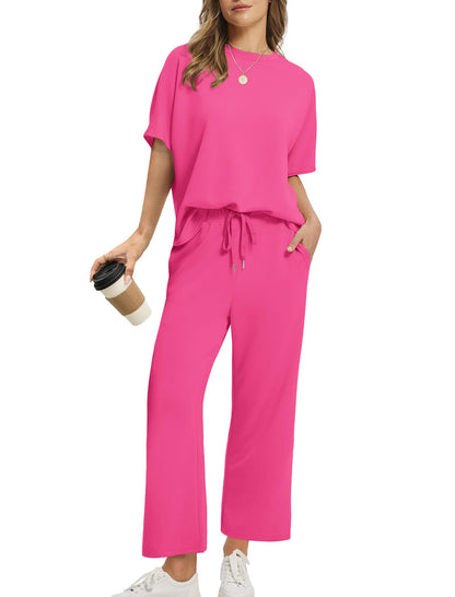 Women Oversized T-shirt and Wide Leg Crop Pants 2 Piece Sets