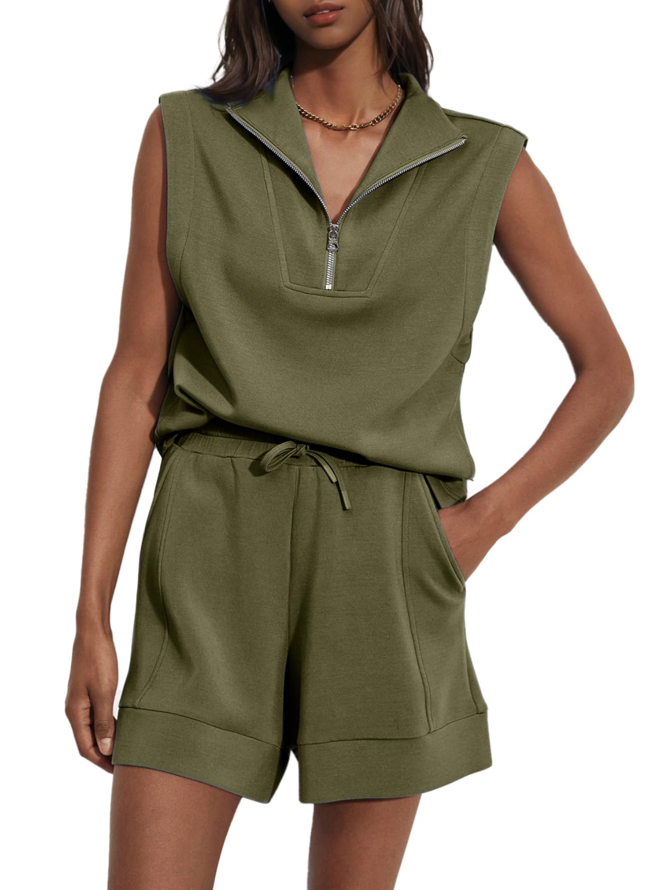 Women's Summer Half Zip Sleeveless Two-Piece Shorts Set