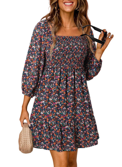 Women's Square Neck Smocked Boho Floral Dress