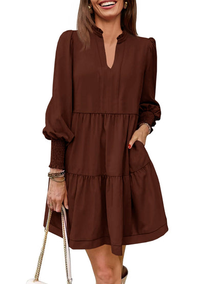 Women's V-Neck Long Sleeve Ruffle Tiered Dress
