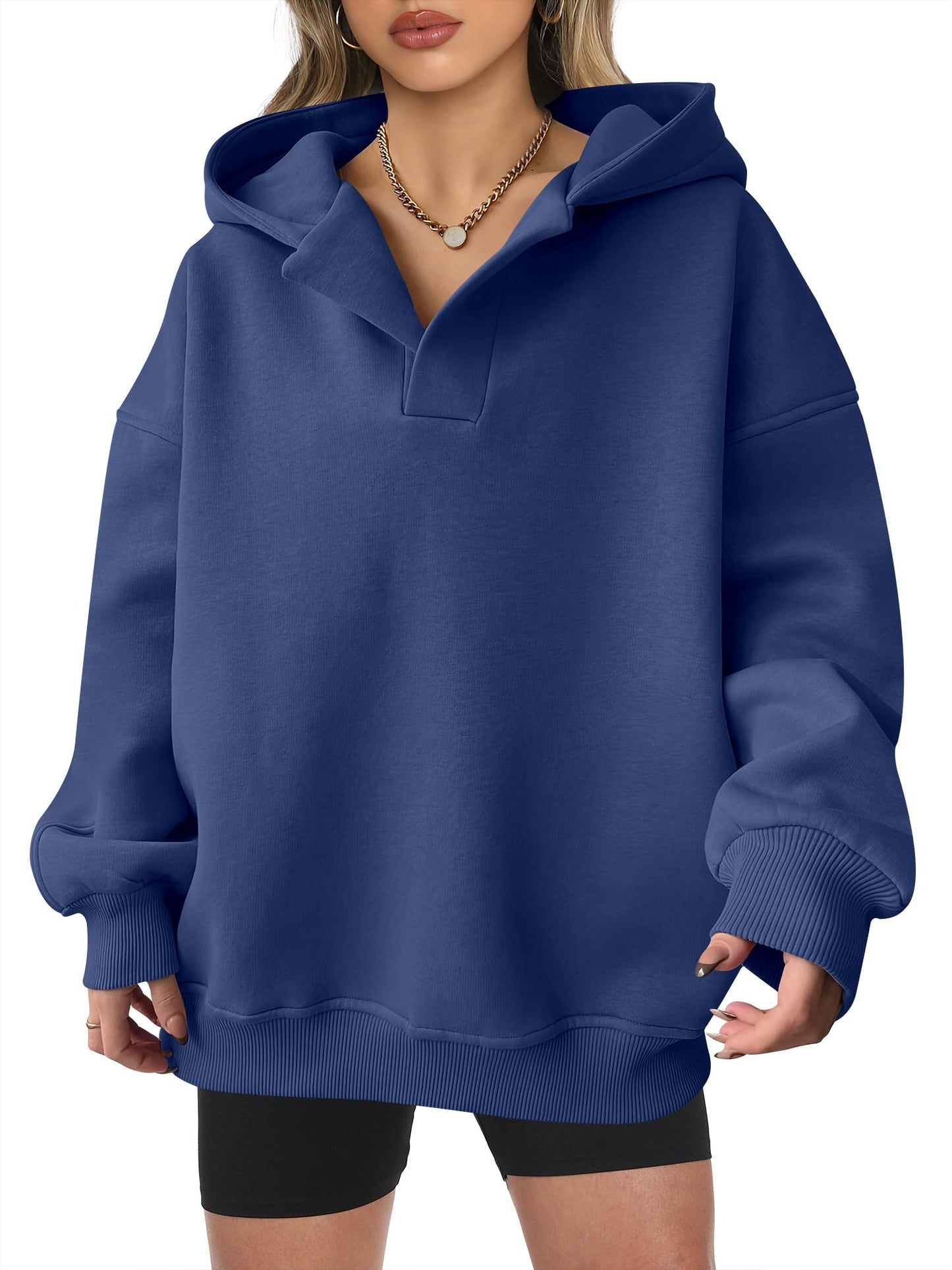 Women's Oversized V-Neck Hooded Pullover