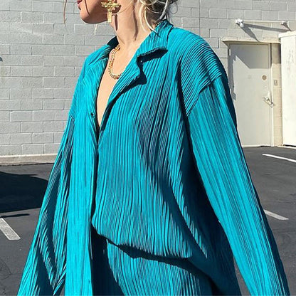 Causal Set Loose Button-Down Shirt and Pleated Wide Leg Pants