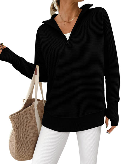 Women's Half Zip Oversized Ribbed Knit Pullover Sweater (Buy  2 Free Shipping )