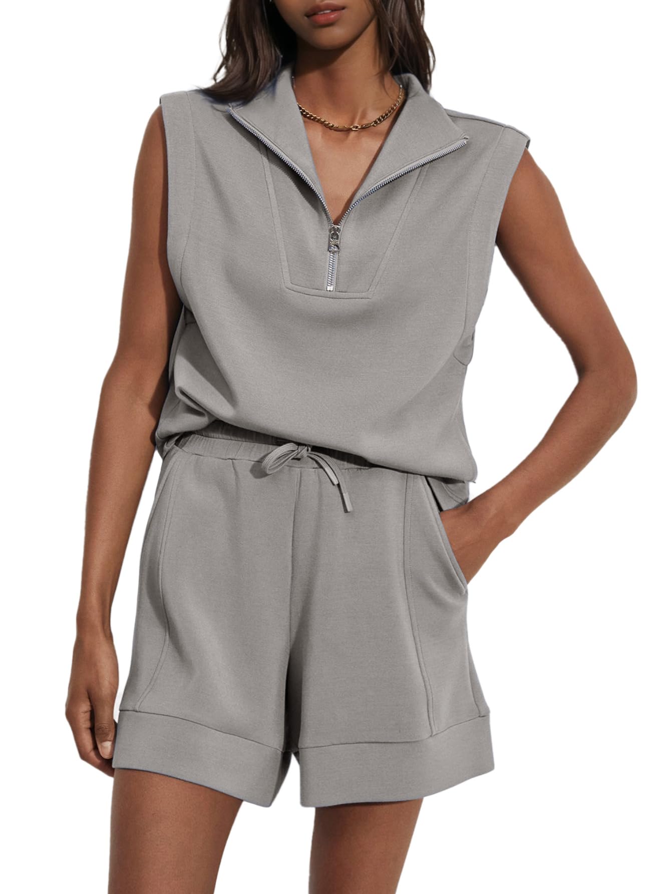 Women's Summer Half Zip Sleeveless Two-Piece Shorts Set