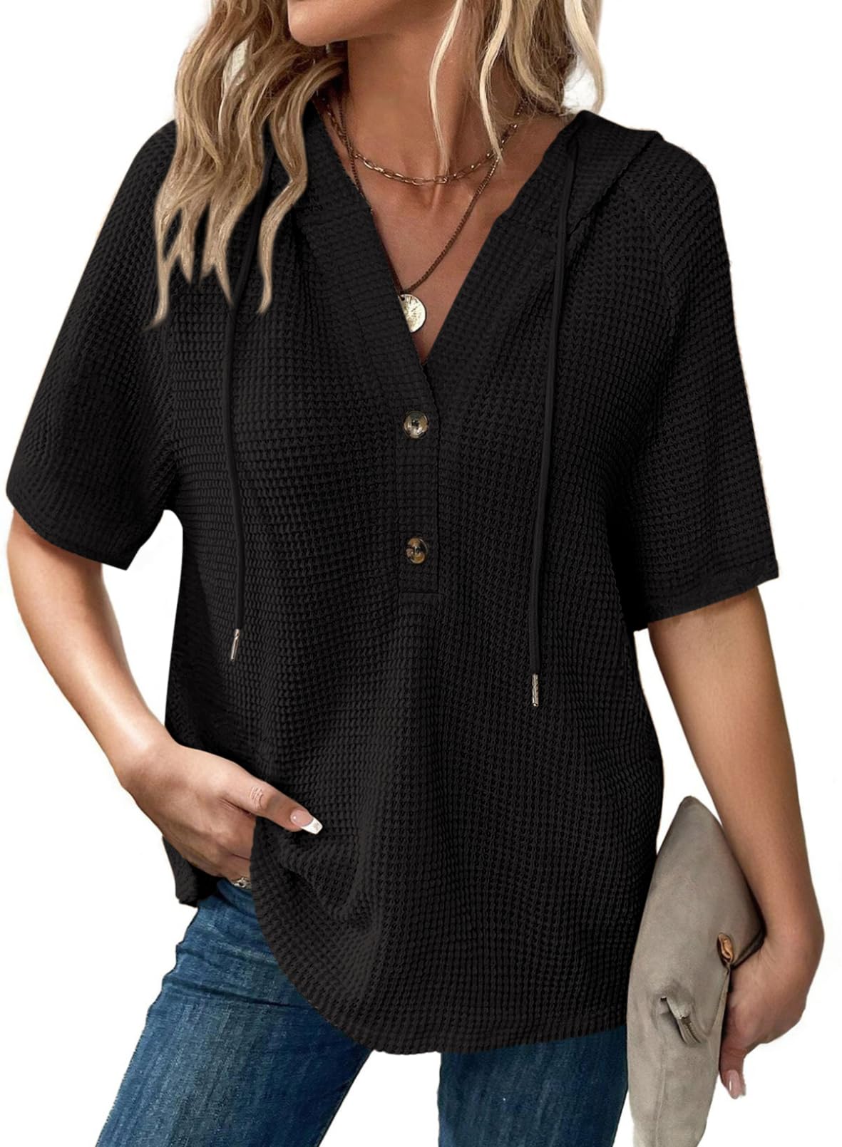 Women's Waffle Knit Button V Neck Short Sleeve Hoodie