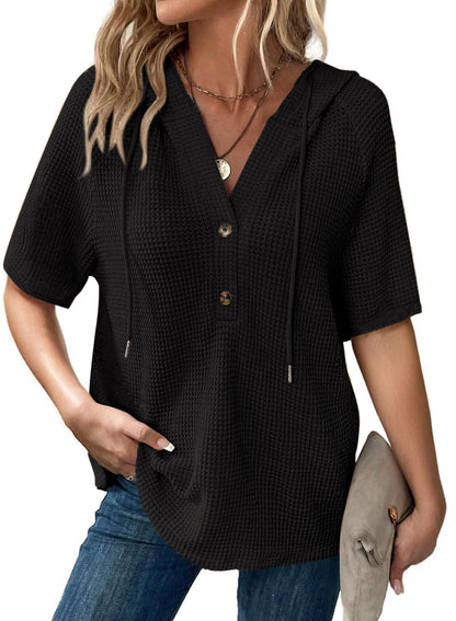 Women's Waffle Knit Button V Neck Short Sleeve Hoodie