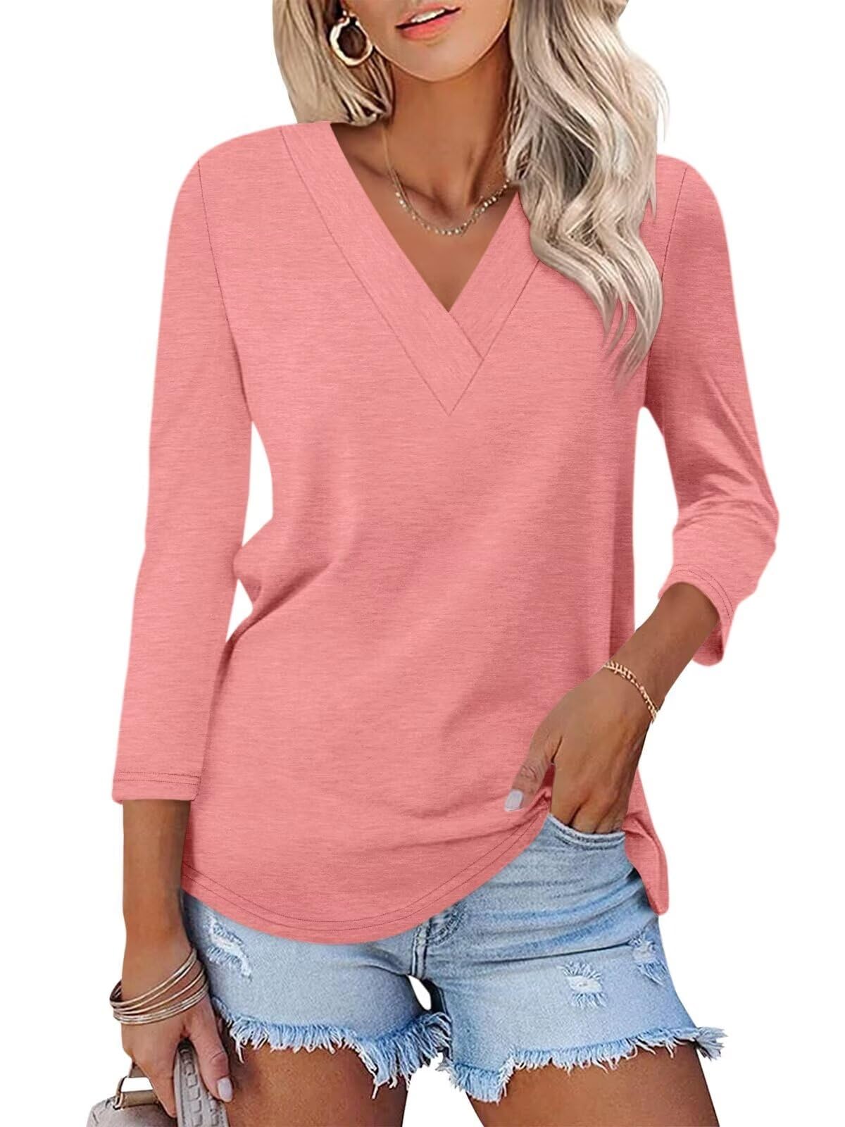 Women's 3/4 Length Sleeves V Neck Basic Tops