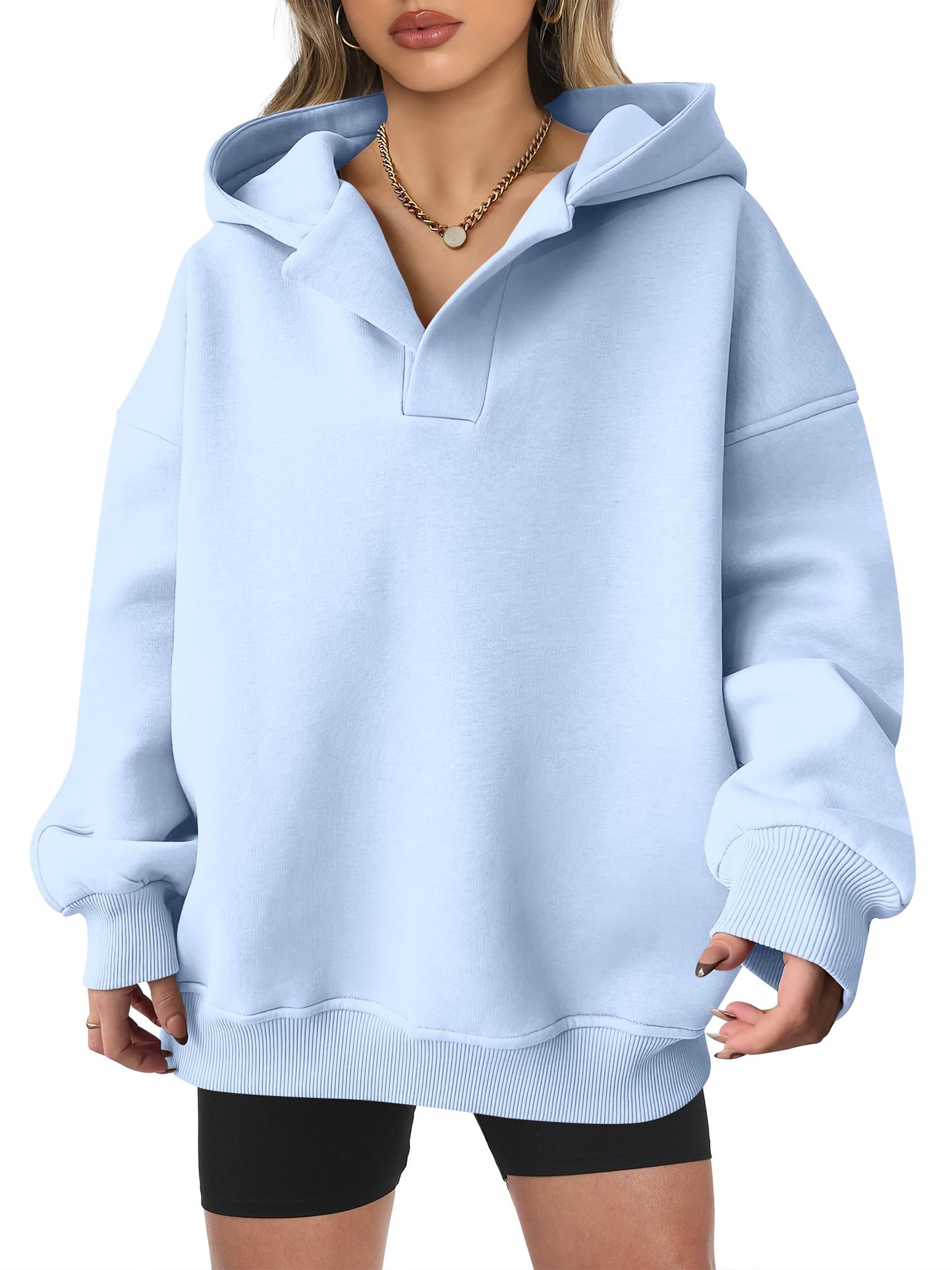 Women's Oversized V-Neck Hooded Pullover