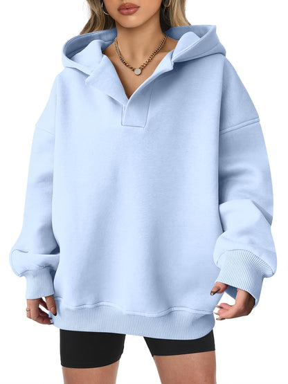 Women's Oversized V-Neck Hooded Pullover