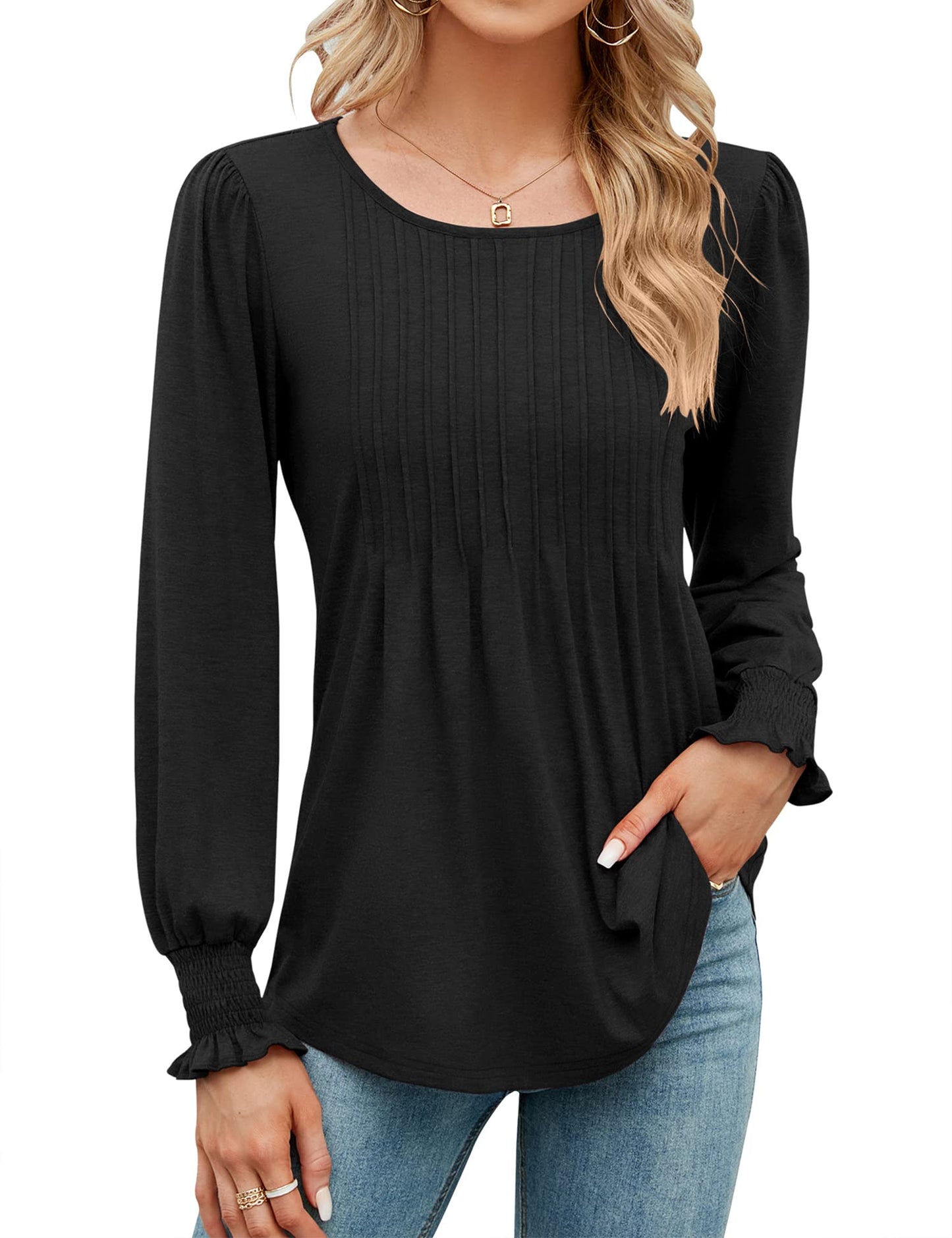 Women's Pleated Puff Long Sleeve Tunic Tops
