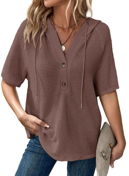 Women's Waffle Knit Button V Neck Short Sleeve Hoodie