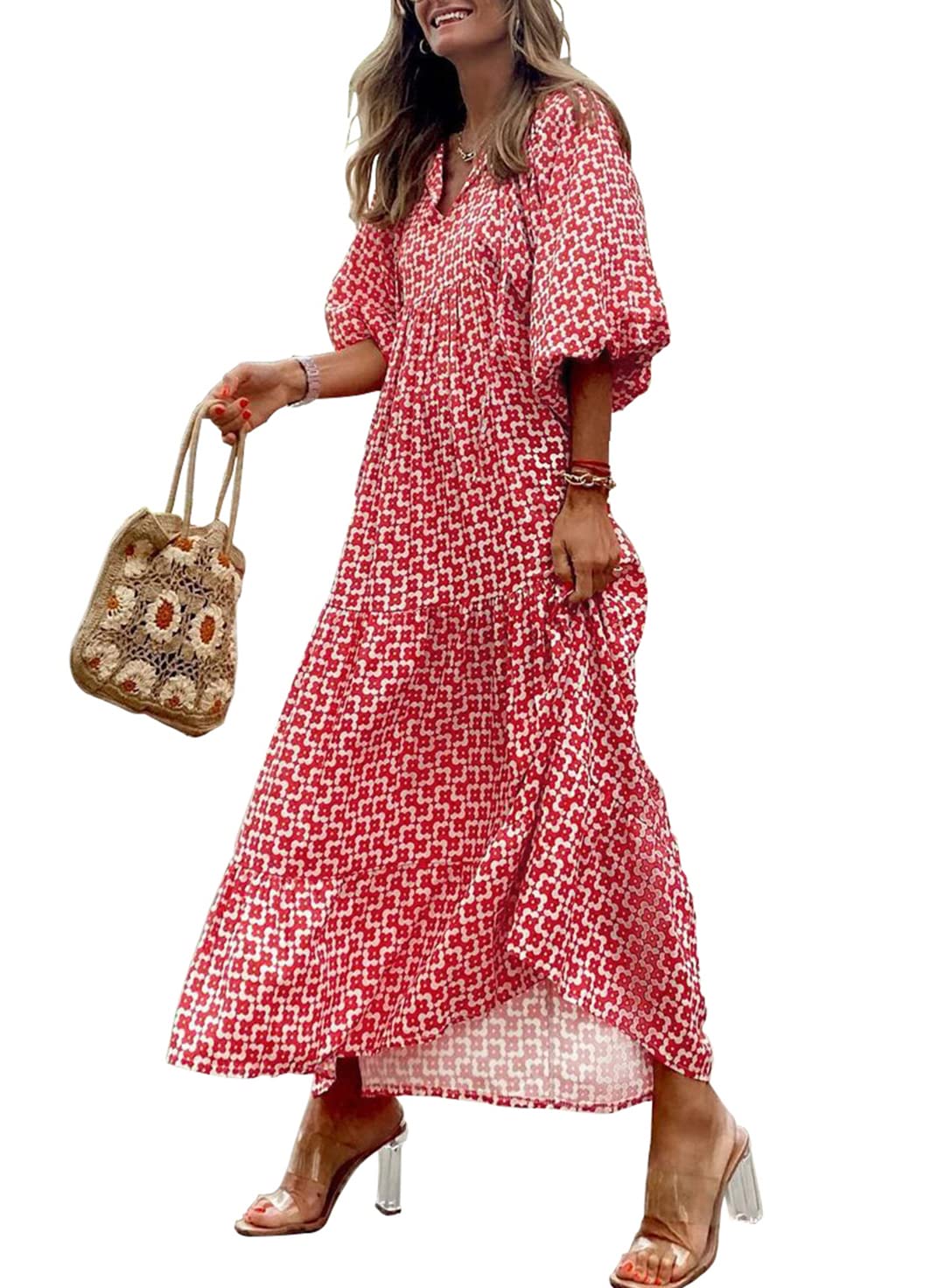 Women's Puff Sleeve Smocked Ruffle Boho Maxi Dress
