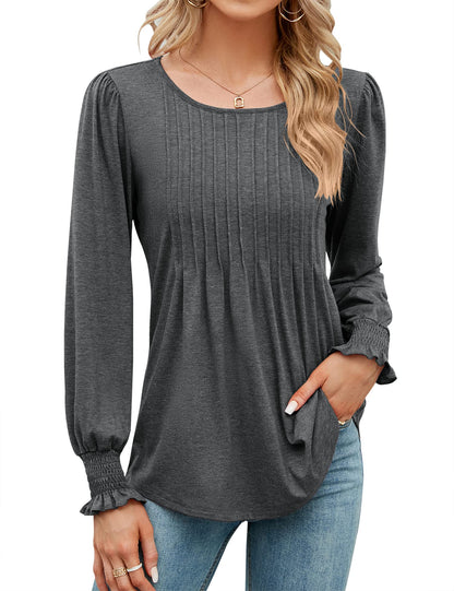 Women's Pleated Puff Long Sleeve Tunic Tops