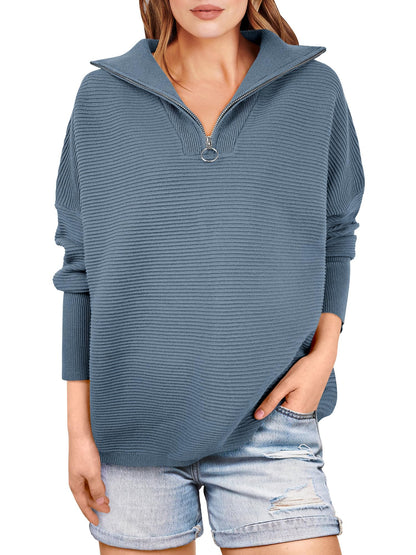 Women's Quarter Zip Rib Knit Cozy Pullover Sweaters