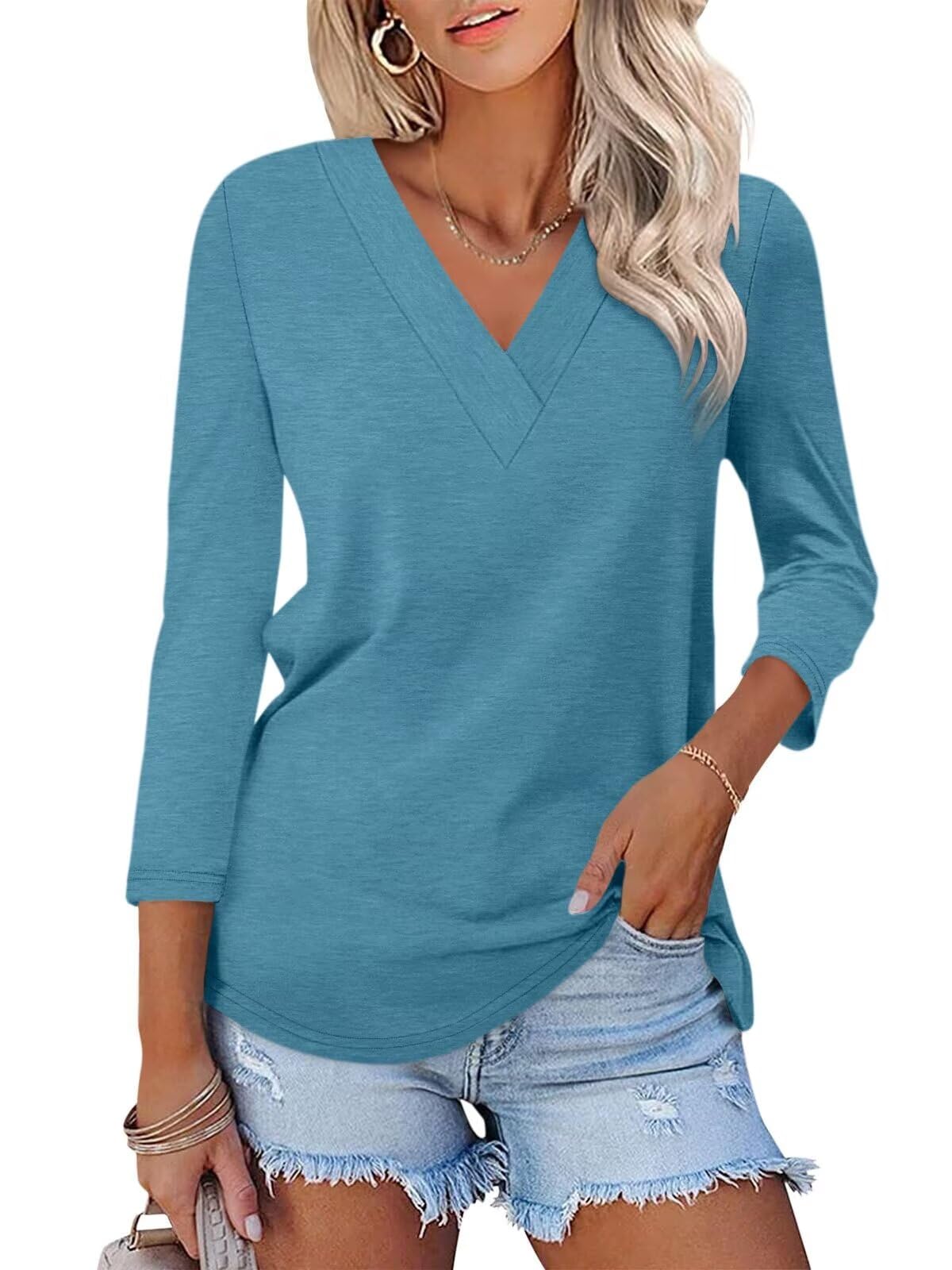 Women's 3/4 Length Sleeves V Neck Basic Tops