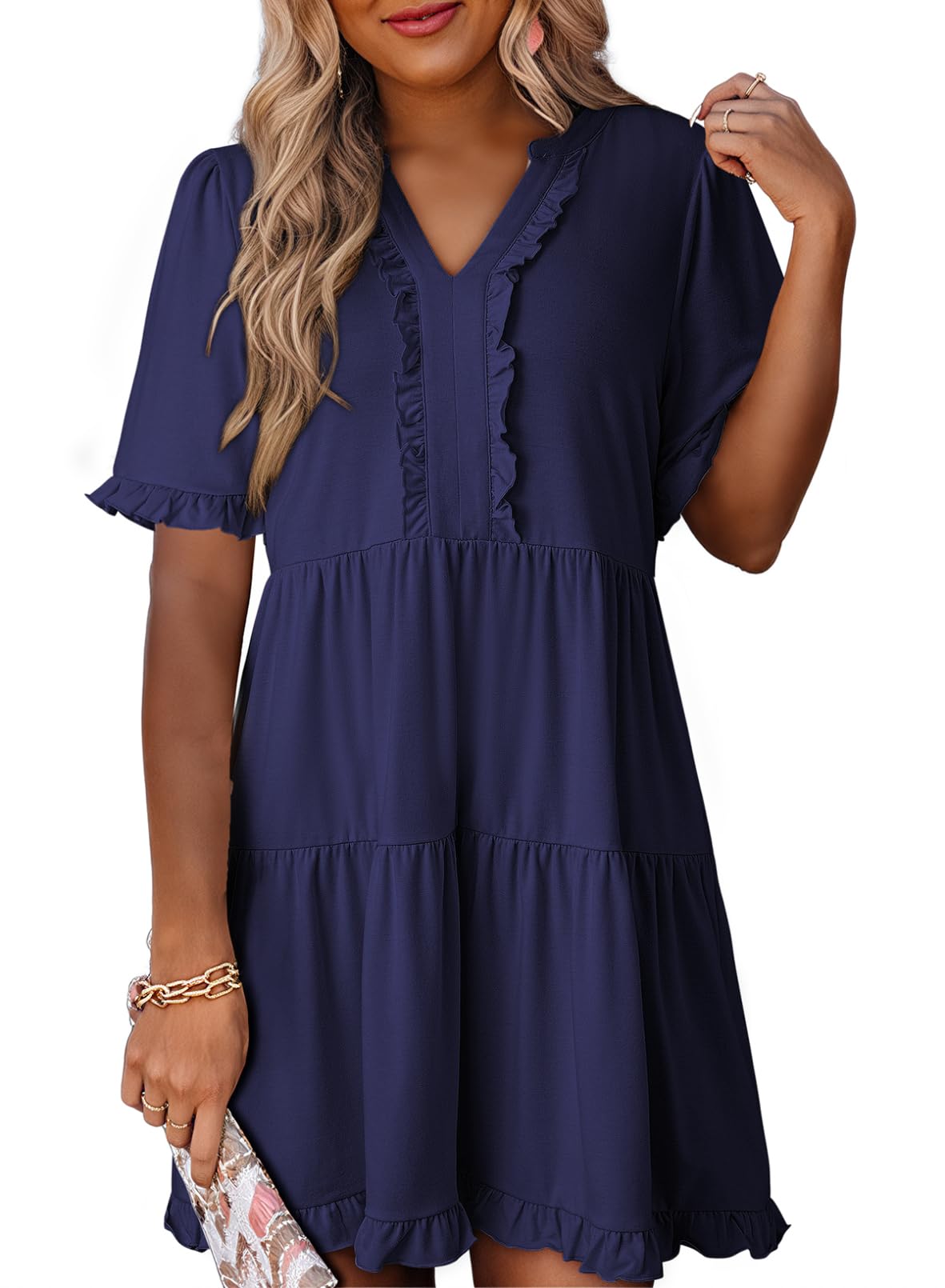 Women's V Neck Short Sleeve Casual A Line Flowy Swing Dress
