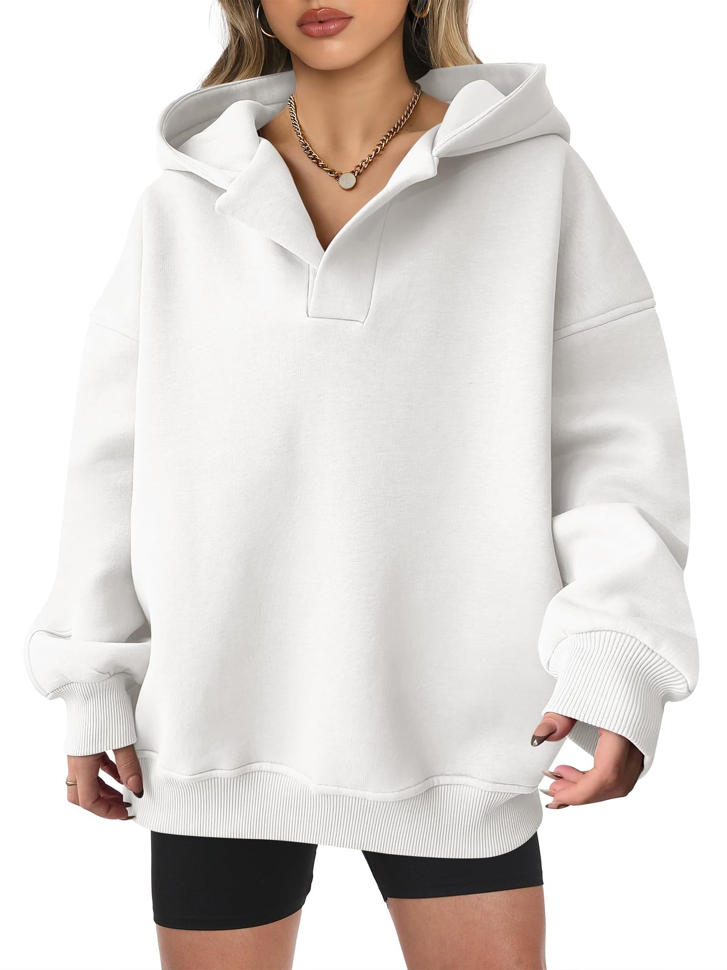 Women's Oversized V-Neck Hooded Pullover