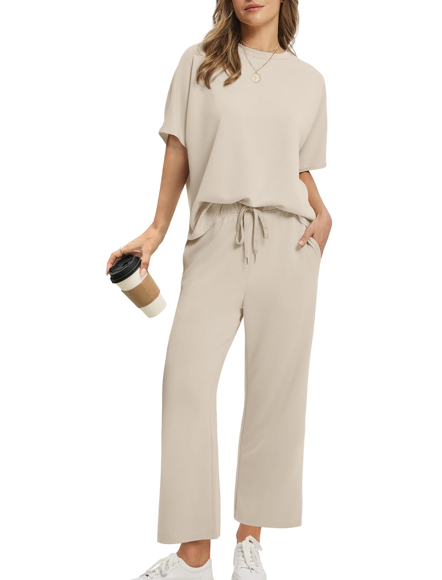Women Oversized T-shirt and Wide Leg Crop Pants 2 Piece Sets