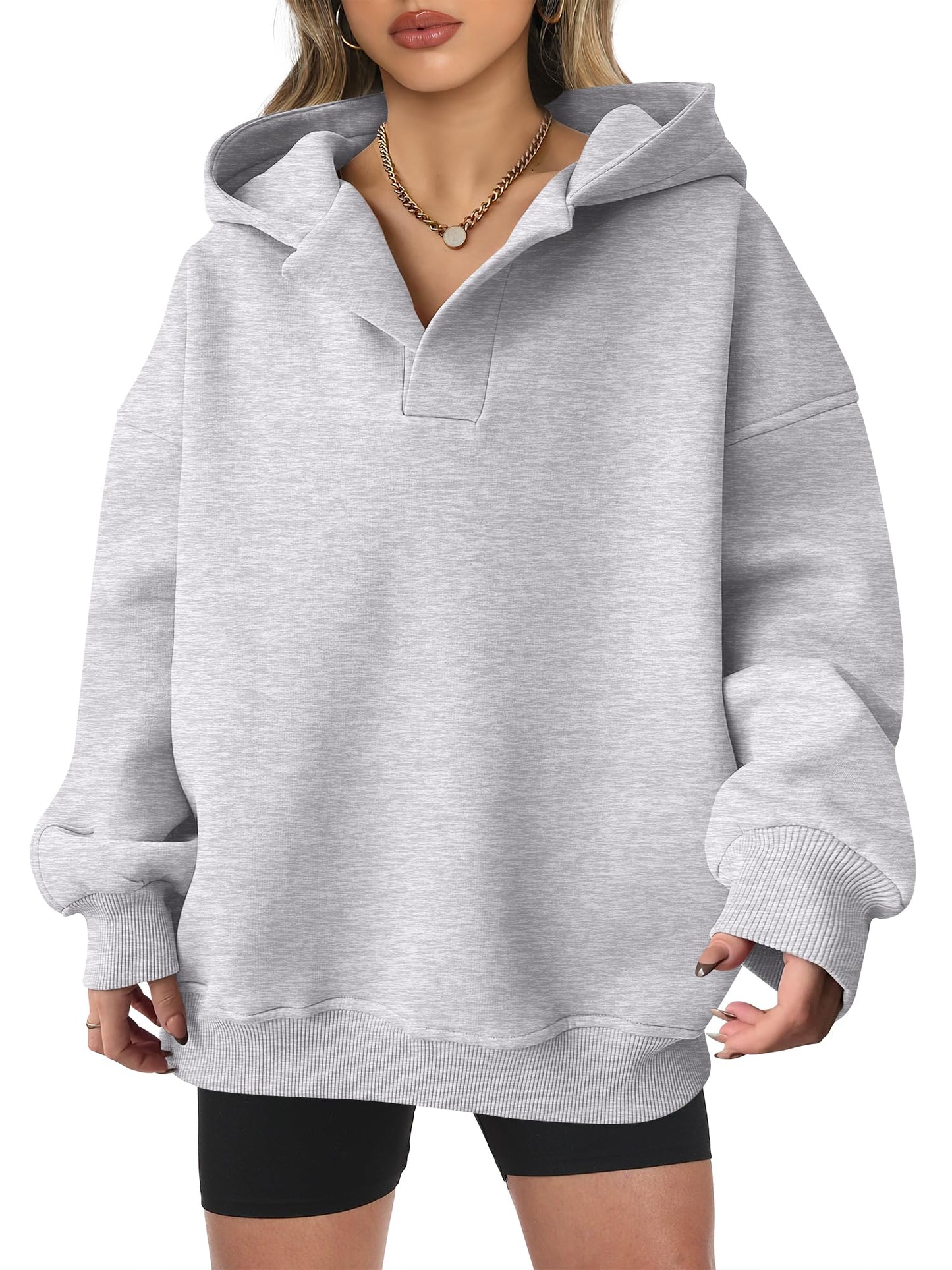Women's Oversized V-Neck Hooded Pullover