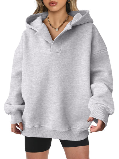 Women's Oversized V-Neck Hooded Pullover