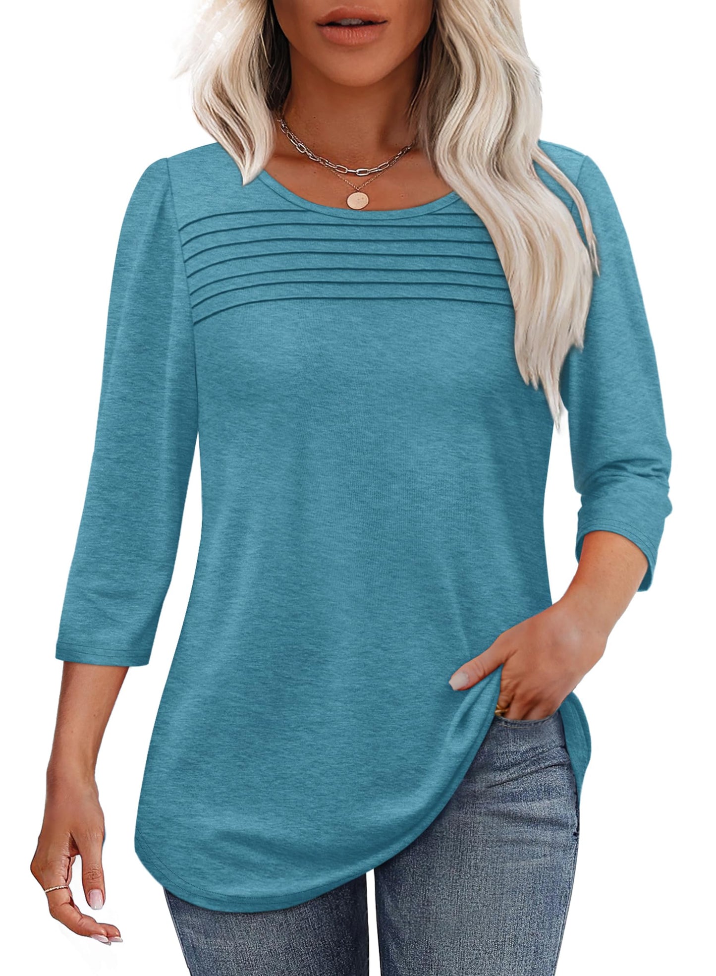 Women's 3/4 Length Sleeve Top Pleated Front T-Shirt