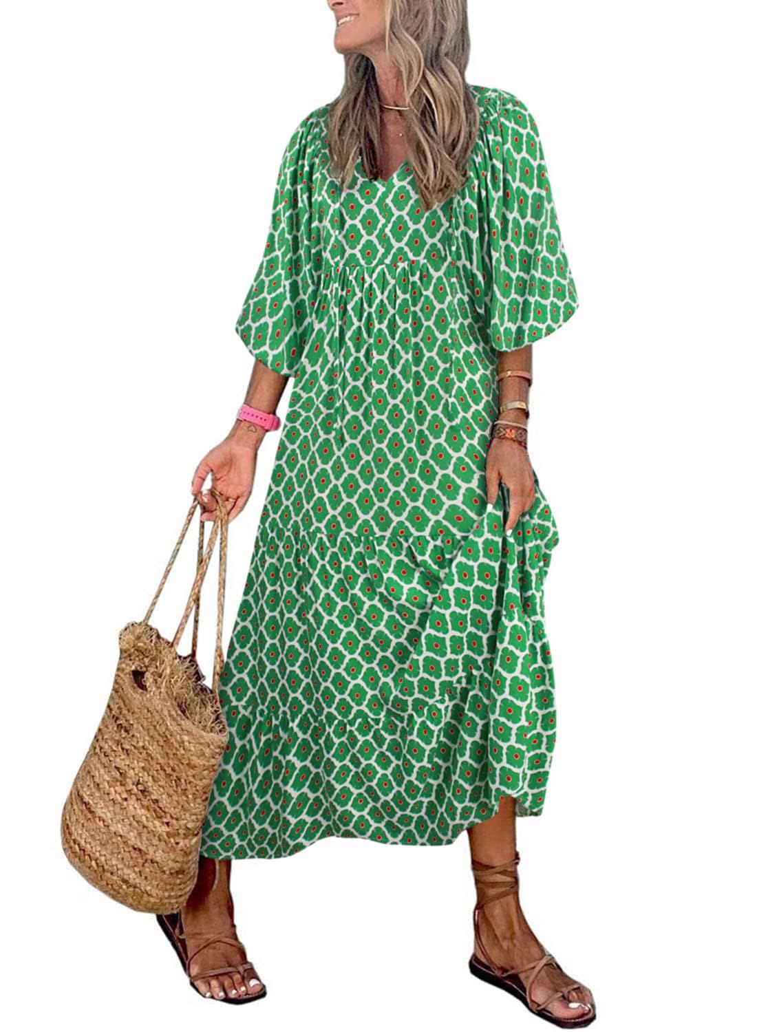 Women's Puff Sleeve Smocked Ruffle Boho Maxi Dress